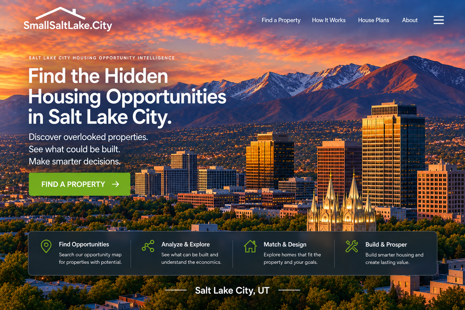 Salt Lake City skyline at sunset — Find the Hidden Housing Opportunities in Salt Lake City.