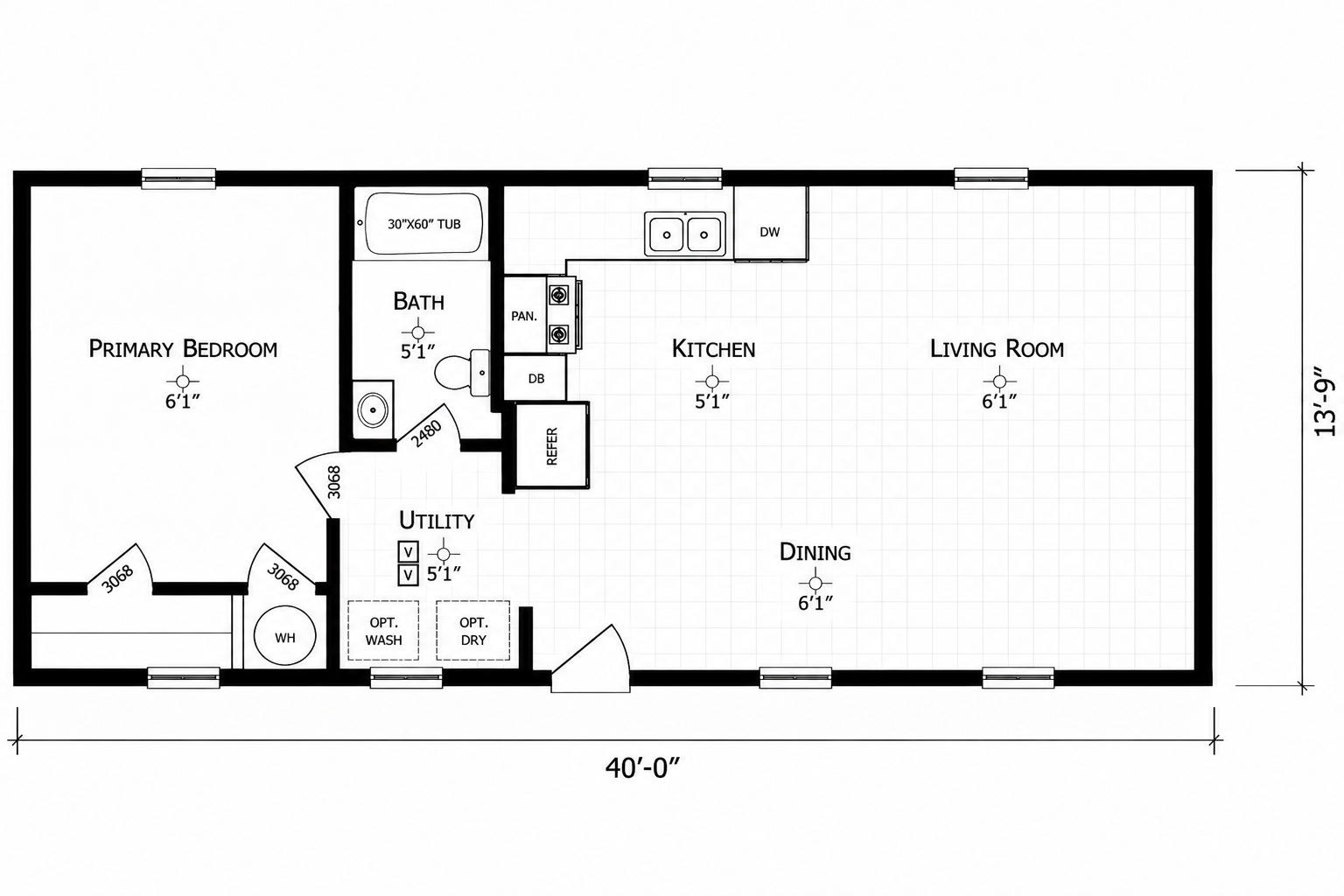 Universal one-bedroom floor plan used by Sunflower, Snowflower, Barn Owl and Stacked Duplex